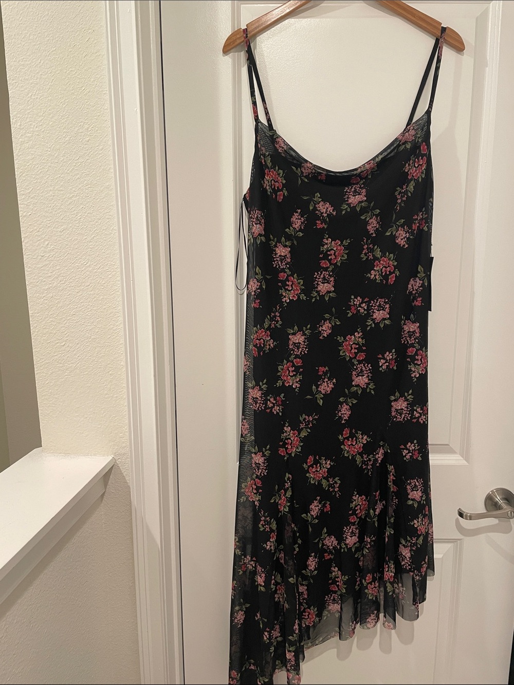 Rachel Zoe Black Floral Slip midi Dress with Pink Rose Print xl nwt